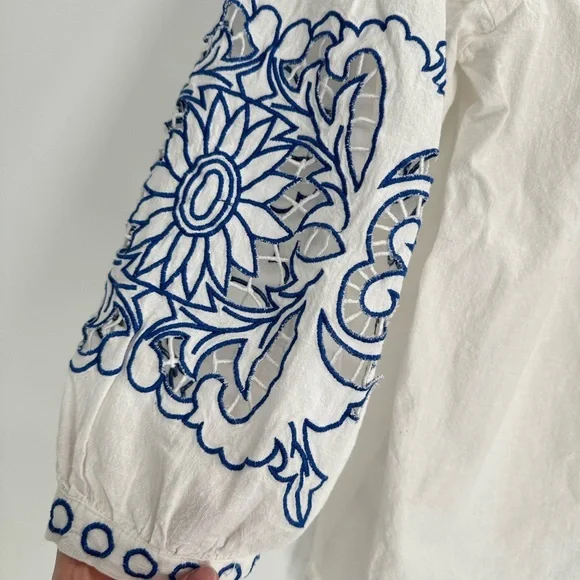 Anthropologie RD + Koko White Linen Blend Boho Blouse Embroidered Peasant Top - Picture 5 of 8